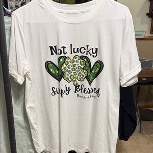 Not Lucky Simply Blessed White Graphic Tee - Green Clover Design NWOT